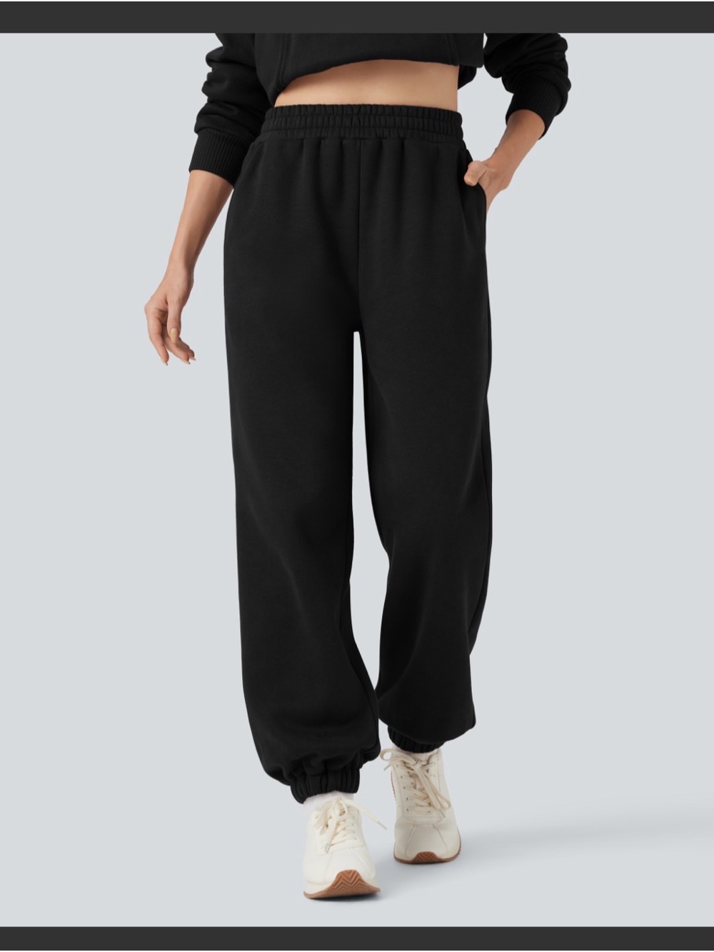 Halara Fold over high waisted drawstring fleece casual joggers, black, medium